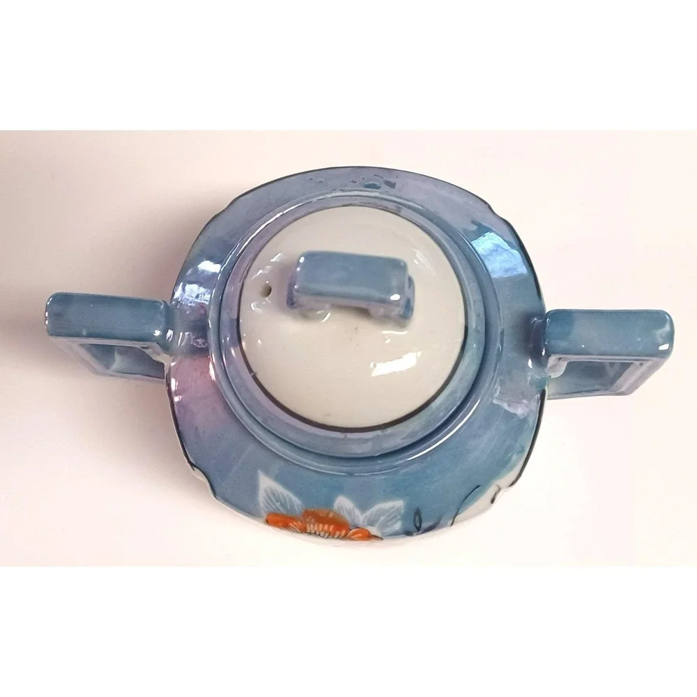Vintage Japanese Lusterware Covered Sugar Bowl Hand Painted Orange Floral Blue
